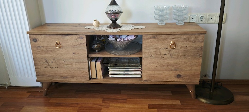 TV Sehpası Ahşap Retro/Vintage Konsol – 2 Kapaklı, Orta Raflı - 3