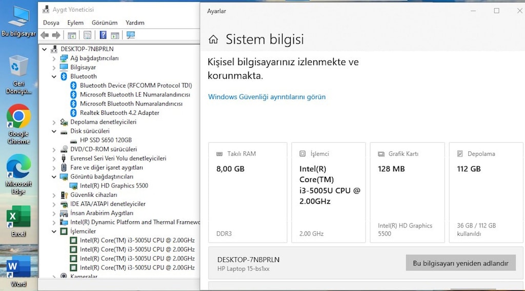 HP 15-İ3 5005U İŞLEMCİ-8 GB RAM-120 GB SSD-15.6' EKRAN-BATARYA YENİ - 6