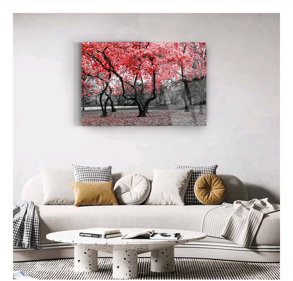 Kırmızı Çiçekli Ağaç Manzarası – Dekoratif Temperli Cam Tablo - 3