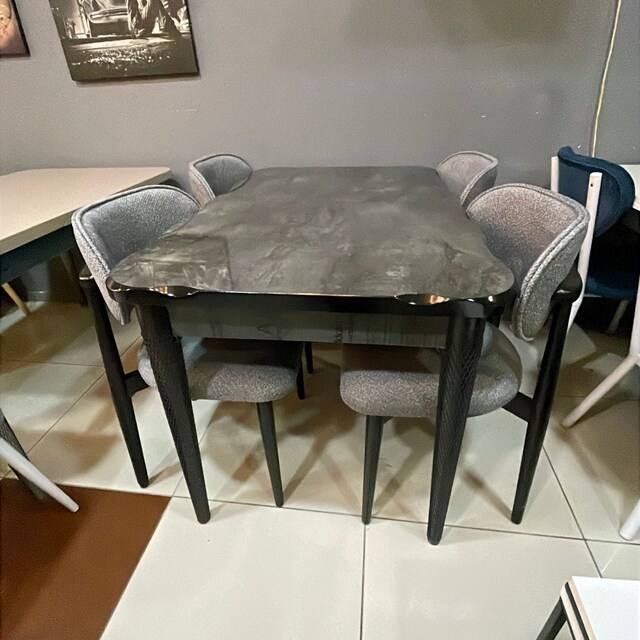 Modern Mermer Desenli 80x130 High Gloss Masa + 4 Polo Sandalye