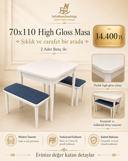 70x110 High Gloss Masa Takımı – 2 Bençli