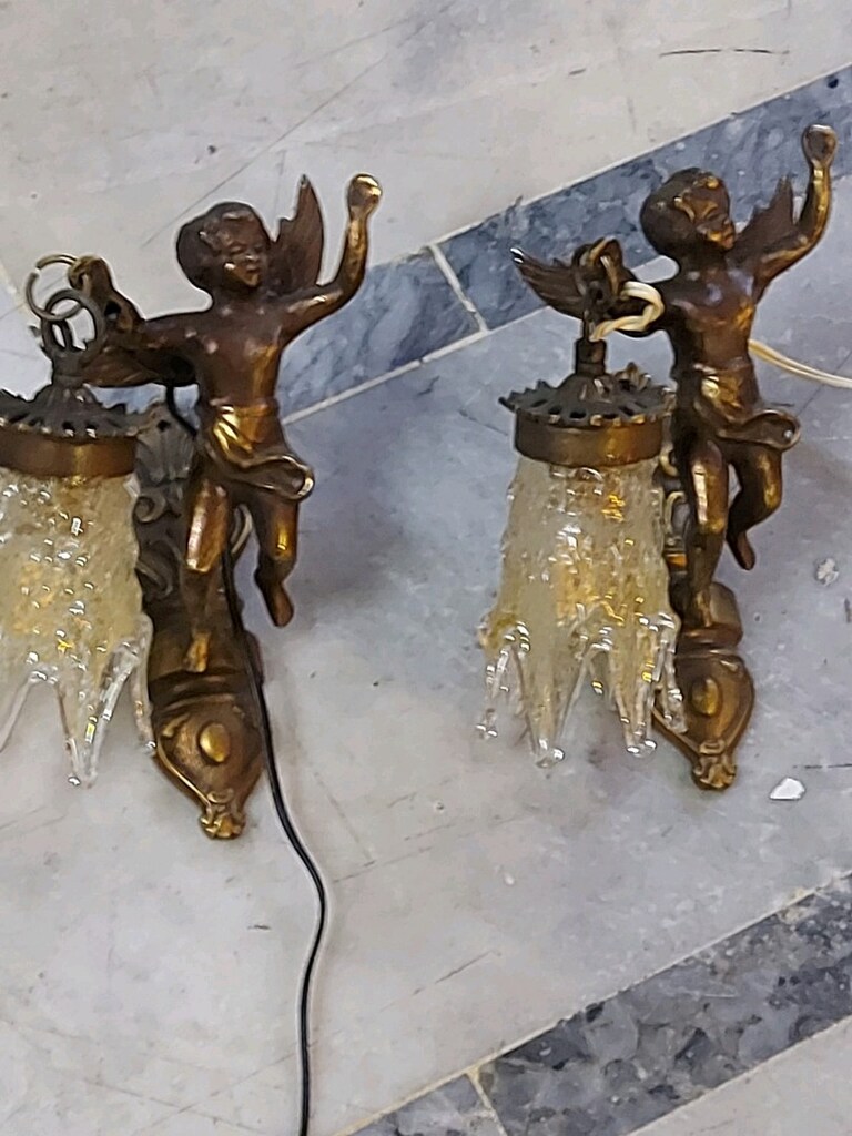 Pirinç Döküm Melek Figürlü, Özel Camlı Çift Aplik (Kusursuz - 3