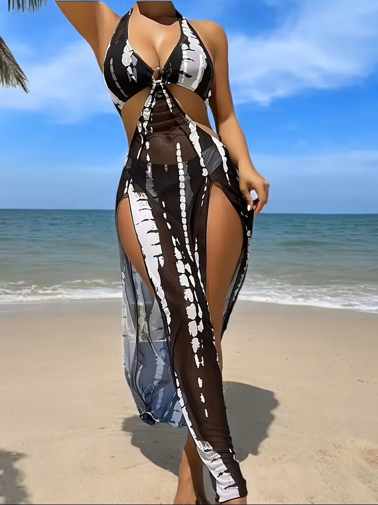 B175 Üç Parça File Güneş Korumalı Bikini Takımı - 4