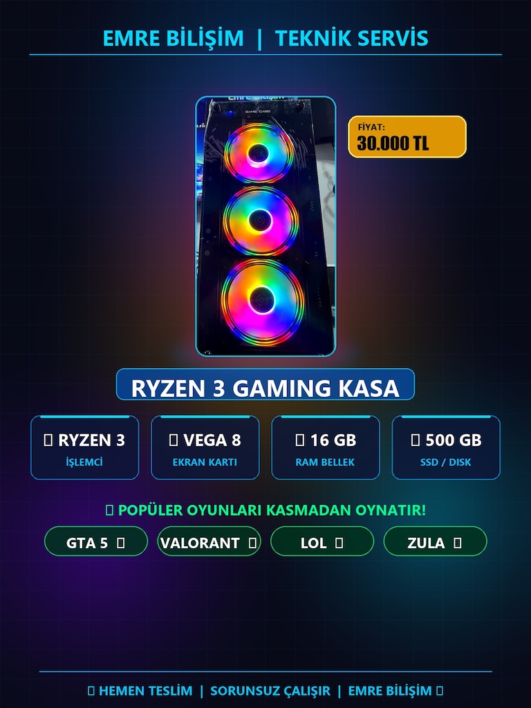 RYZEN GARANTİLİ MASAÜSTÜ BİLGİSAYAR OYUN OKUL OFİS GAMİNG RGB KASALAR