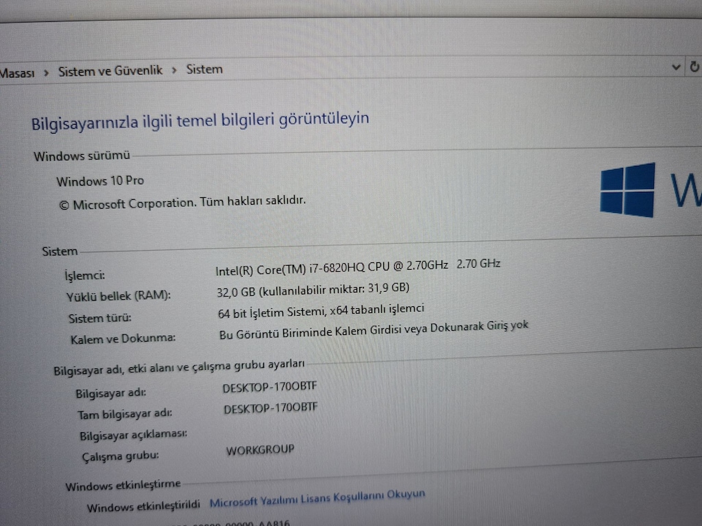 DELL İ7 6820HQ + 17.3 İNÇ FULL HD+ 32 GB RAM+QUADRO 4 GB 256 BİT - 6