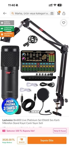 bm800 ses kartı mikrofon ve mikrofon standı yayıncı