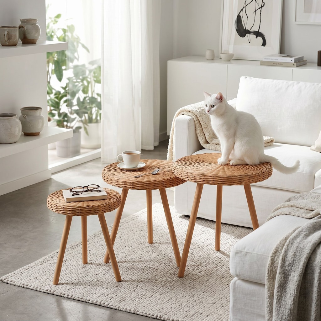 3’lü Rattan Sehpa Seti – El Yapımı, Sıfır - 2