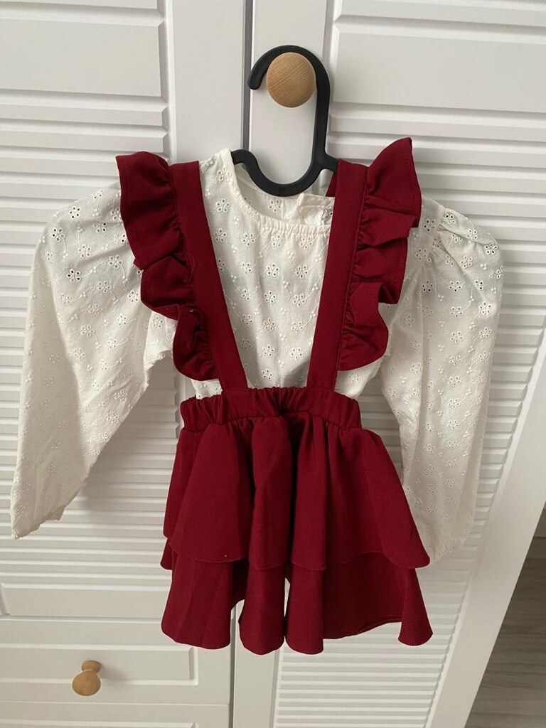 Bordo uzun kollu askılı etek bluz takım - 2