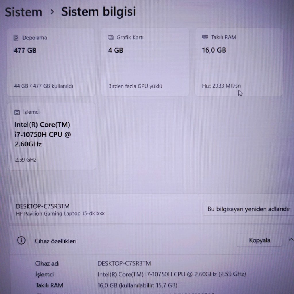 HP / İ7 İŞLEMCİ / 16 RAM / 500 SSD / 144 HZ / GTX 1650Tİ / GAMİNG - 9
