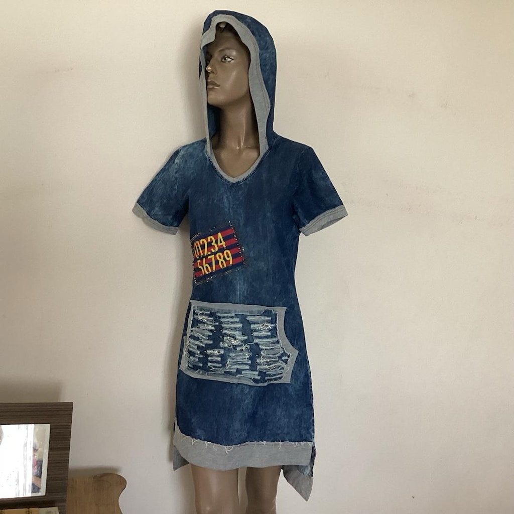 kapüşonlu jean elbise M - 8