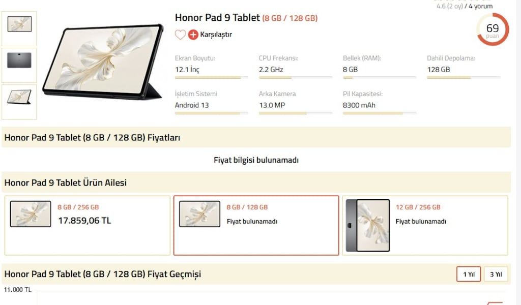 HONOR PAD 9 - 8/128 GB - 12.1 İNÇ - 120 HZ - 2.5K - SD 6 GEN - 5