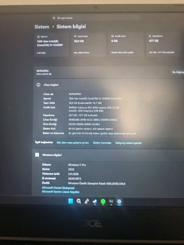 Nitro acer 5 i5 12. nesil rtx4050 - 4