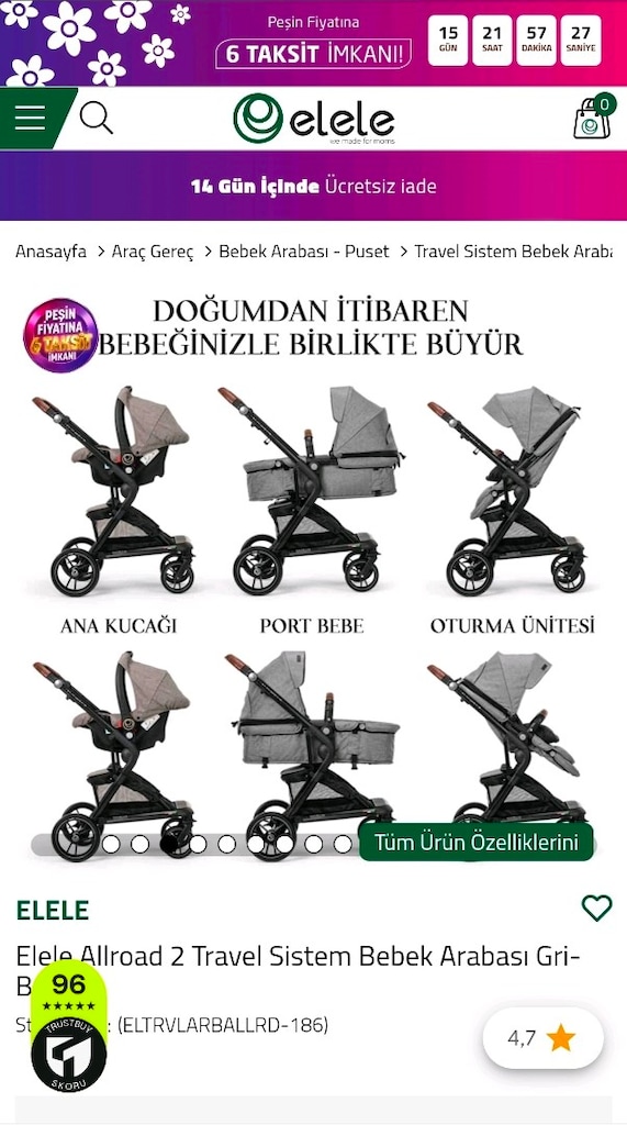 Bebek Arabası + Oto Koltuğu (Marka: Elele Allroad 2) - 9
