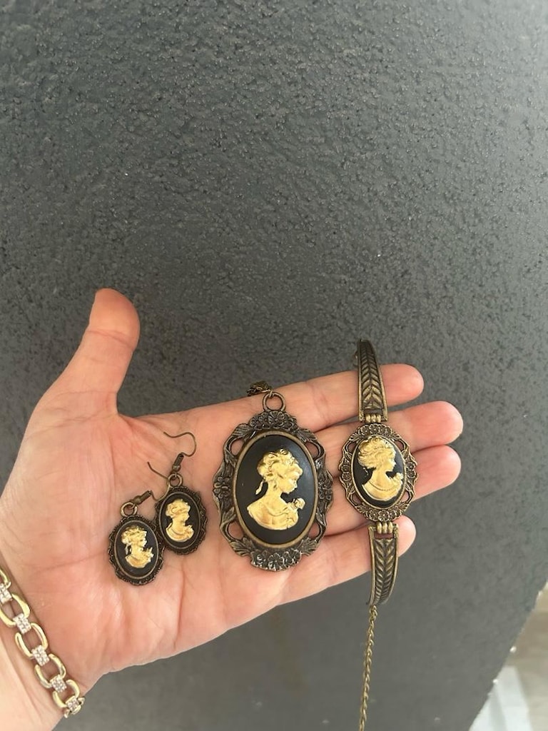 siyah altın Vintage Cameo takı seti - 2