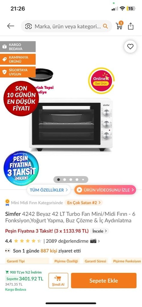Simfer 4242 42 Litre Turbo Fanlı Mini/Midi Fırın - 6