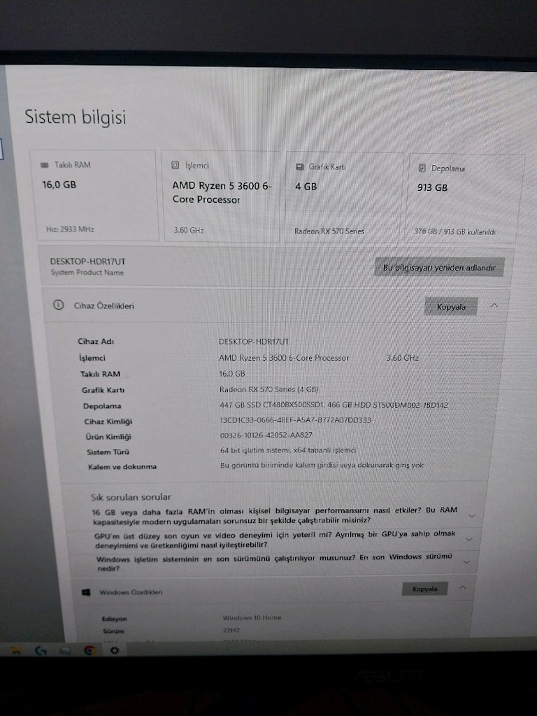 Satılık Oyuncu kasası Ryzen5 3600 RX570 16GB Ram 500GB SSD - 3