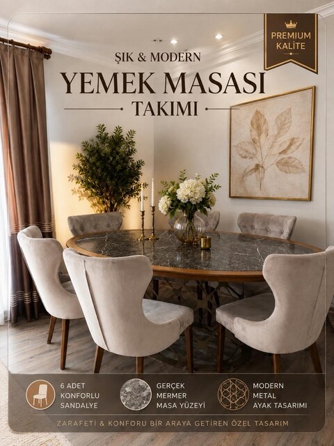 VANESSA %100 DOĞAL MERMER YEMEK MASASI TAKIMI/ SIFIRA YAKIN
