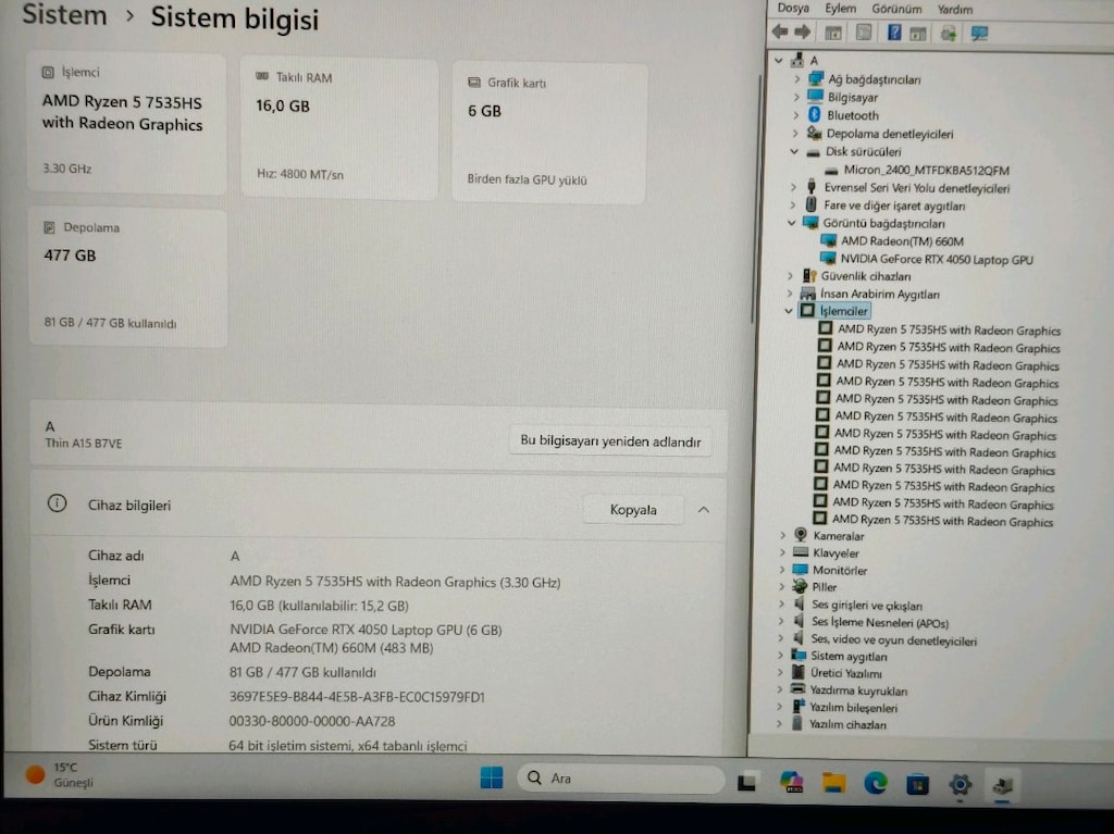 MSI RTX 4050 RYZEN 5 7535HS 16GB DDR5 RAM 512M2 OYUNCU LAPTOP - 4