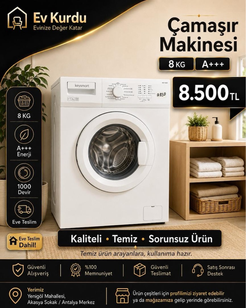 ÇAMAŞIR MAKİNESİ 8kg ENERJİ TASARRUFLU YENİ NESİL SORUNSUZ EVE TESLİM