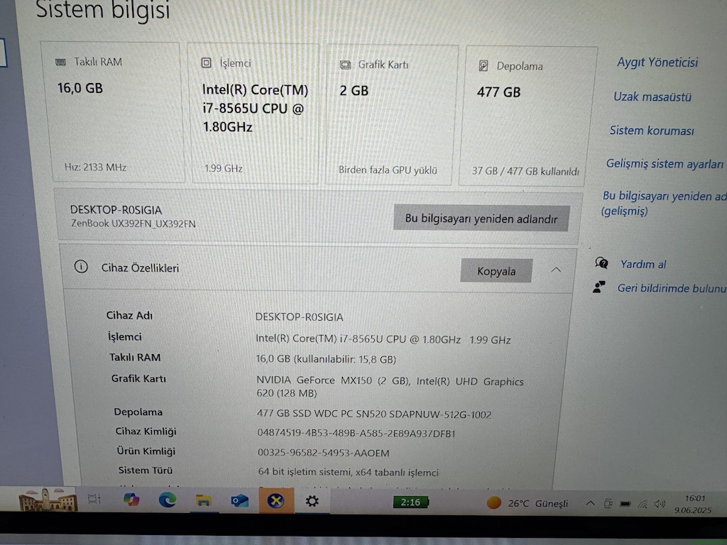 ASUS ZENBOOK İ7 8. NESİL 16 GB RAM 512 M2SSD MX150 - 5