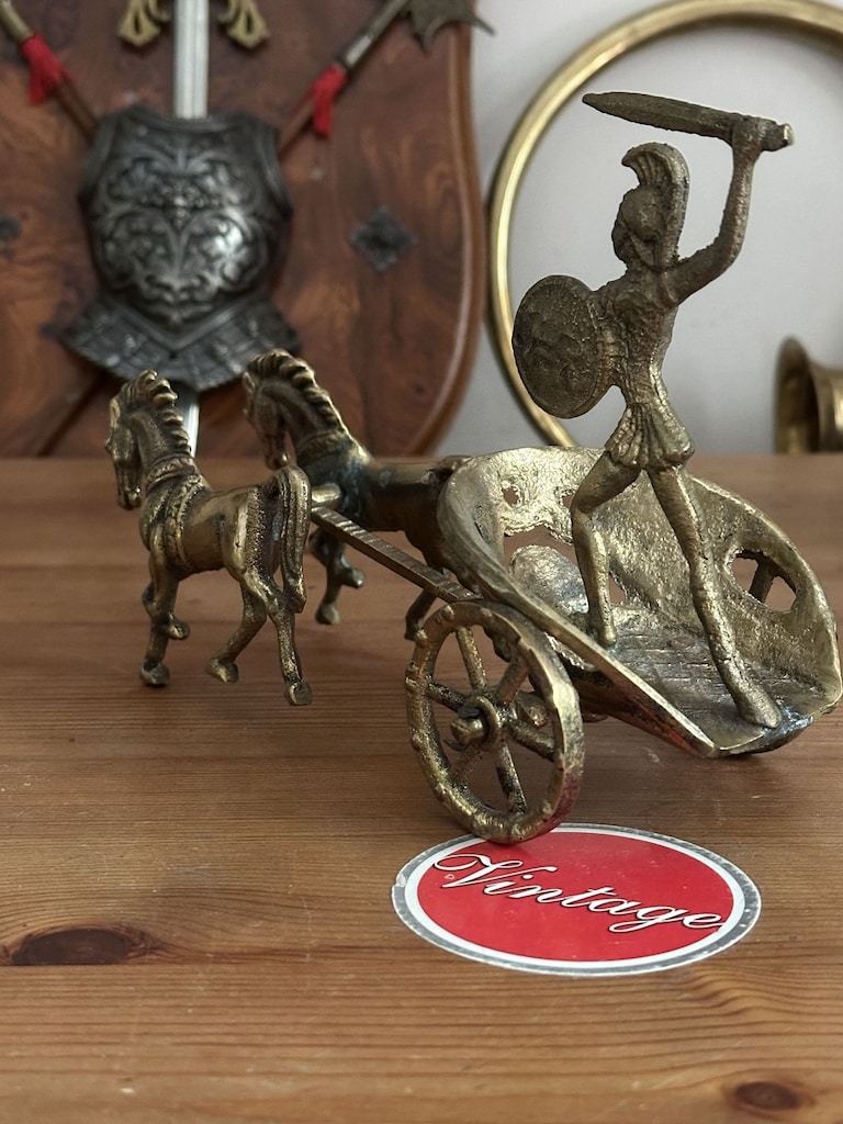 Vintage Yunan 70'ler Antik Savaş Arabası ve Gladyatör Figürü - 4