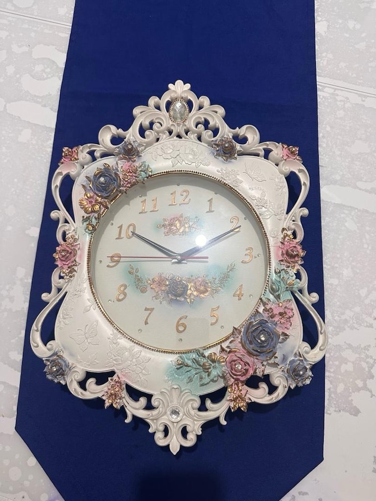 Vintage Çiçekli Beyaz Duvar Saati - 2