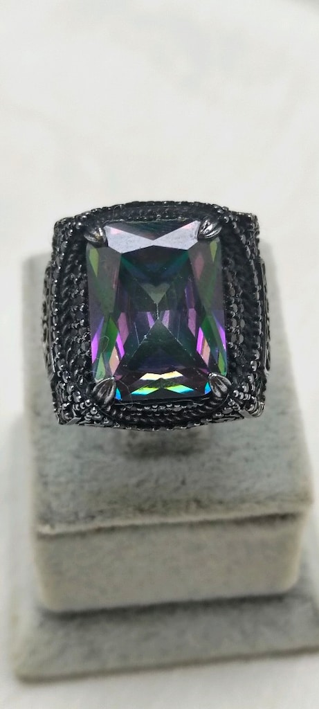 925 Ayar Gümüş Mistik Topaz ve Siyah Zirkon Taşlı Erkek Yüzük 19,7 Gr - 4