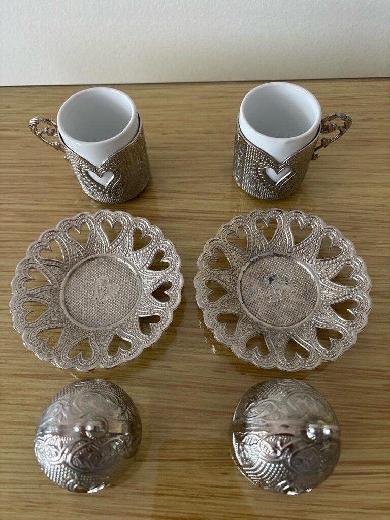Osmanlı 2’li bakır kahve fincan takımı, damat fincan seti, gümüş renkl - 8