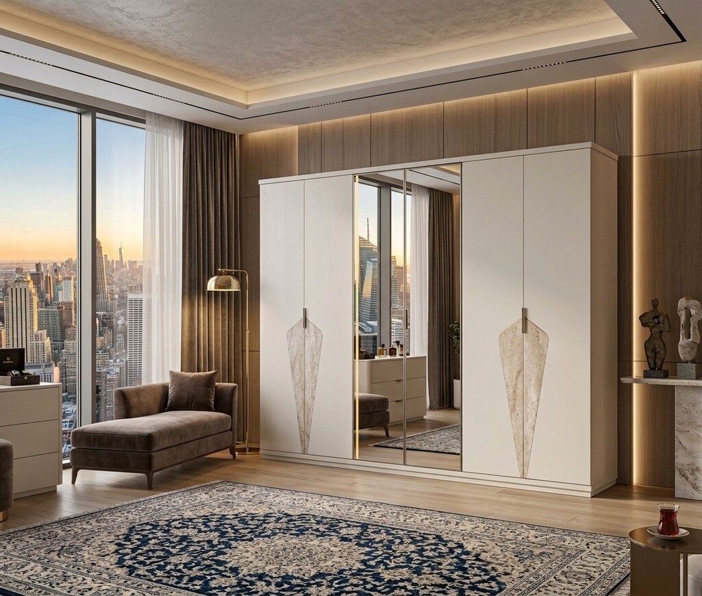 Sıfır,%100 MDF, LED Aydınlatmalı 6 Kapılı Gardırop- kum beji,Traverten - 6