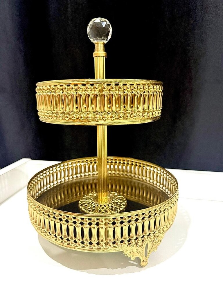 2 Katlı Kristal Taşlı Gold kaplama Sunumluk/İkramlık - 3
