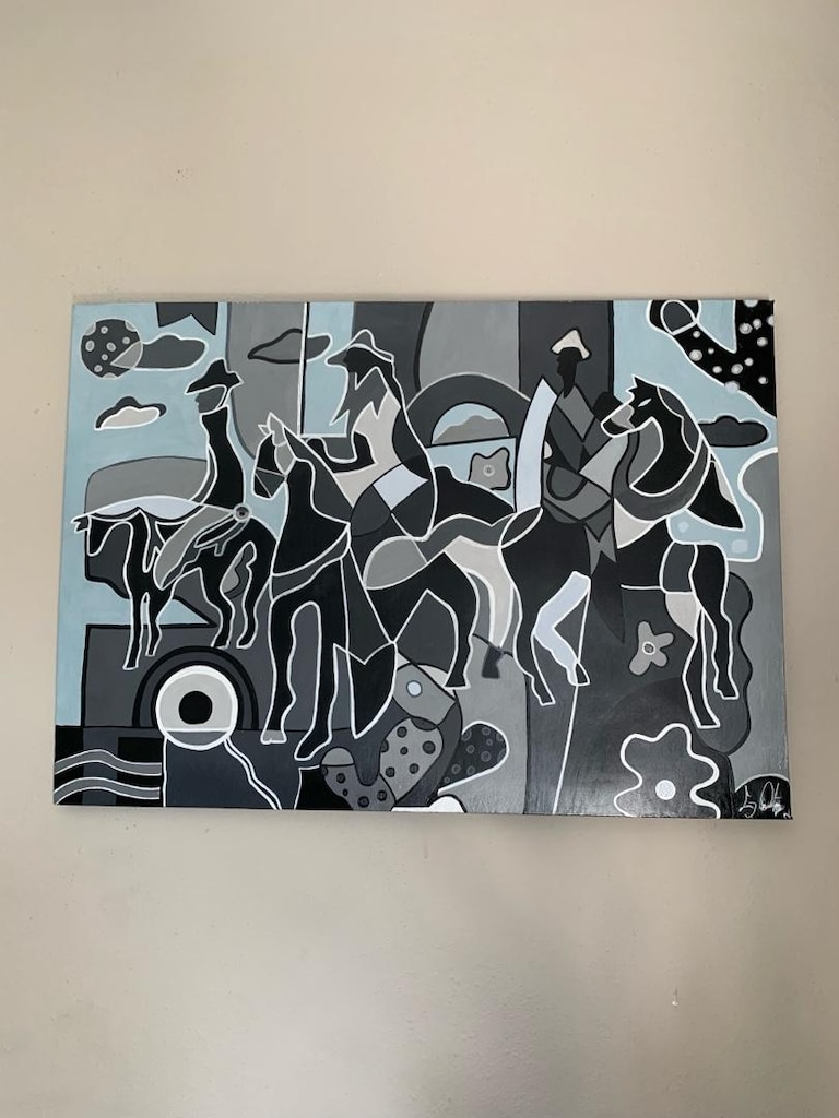 Modern Siyah-Beyaz Akrilik Tablo – Soyut At Figürleri / El Yapımı50x70