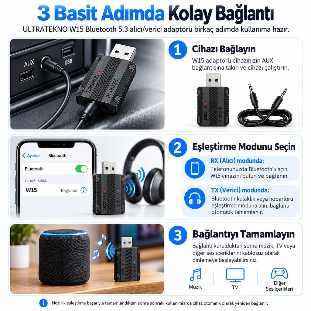 W15 Bluetooth 5.3 AUX Alıcı Verici RX TX Araç TV PC Ses Adaptörü - 9