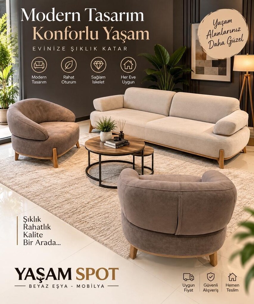YAŞAM SPOT – Bohem Tasarım 3’lü Koltuk + 2 Berjer Takımı ADRESE TESLİM - 4