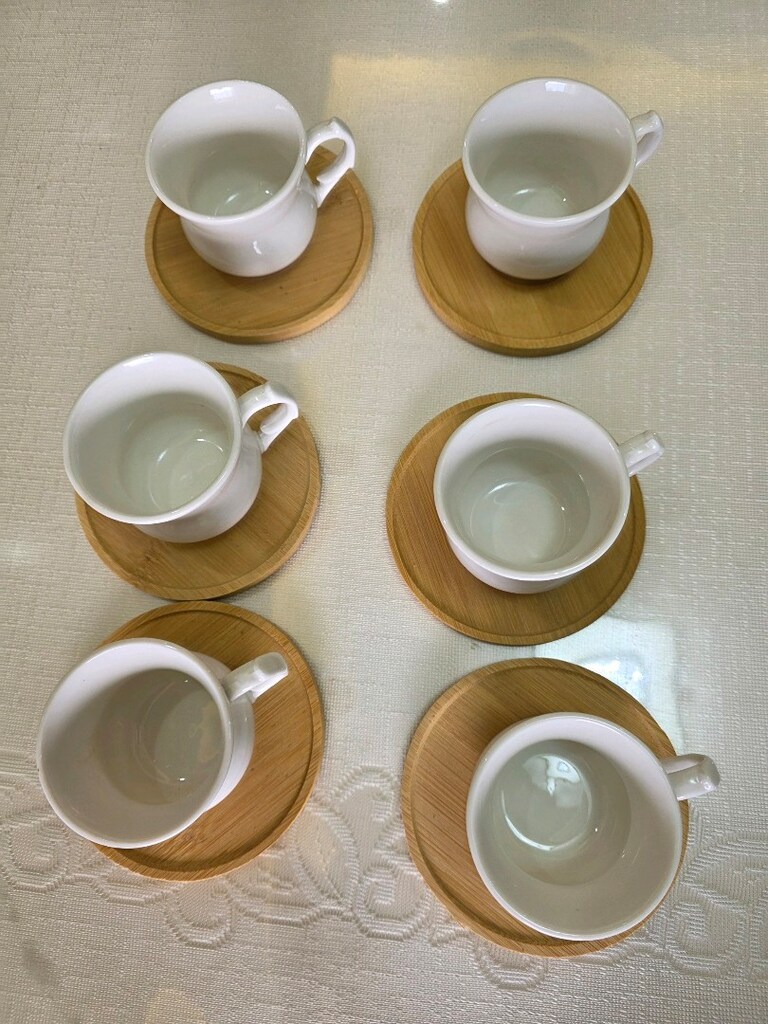 PAÇİ 6'lı Beyaz Seramik Fincan ve Ahşap Tabak Seti - 7