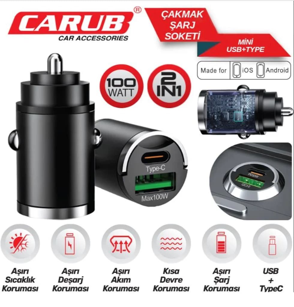 100W Mini Araç Çakmaklık Şarj Cihazı USB + Type-C - 2
