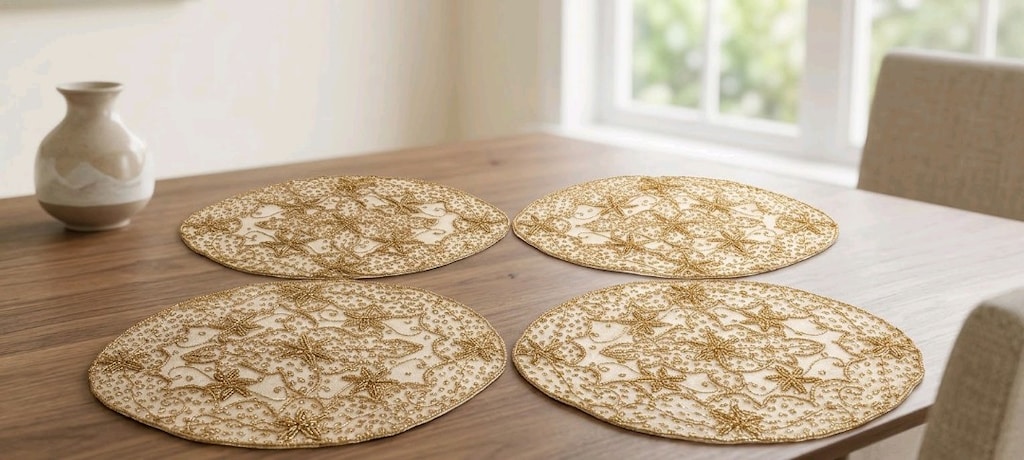 Gold Boncuk İşlemeli Oval Zigon / Sehpa Örtüsü Seti (4 Parça) - 2