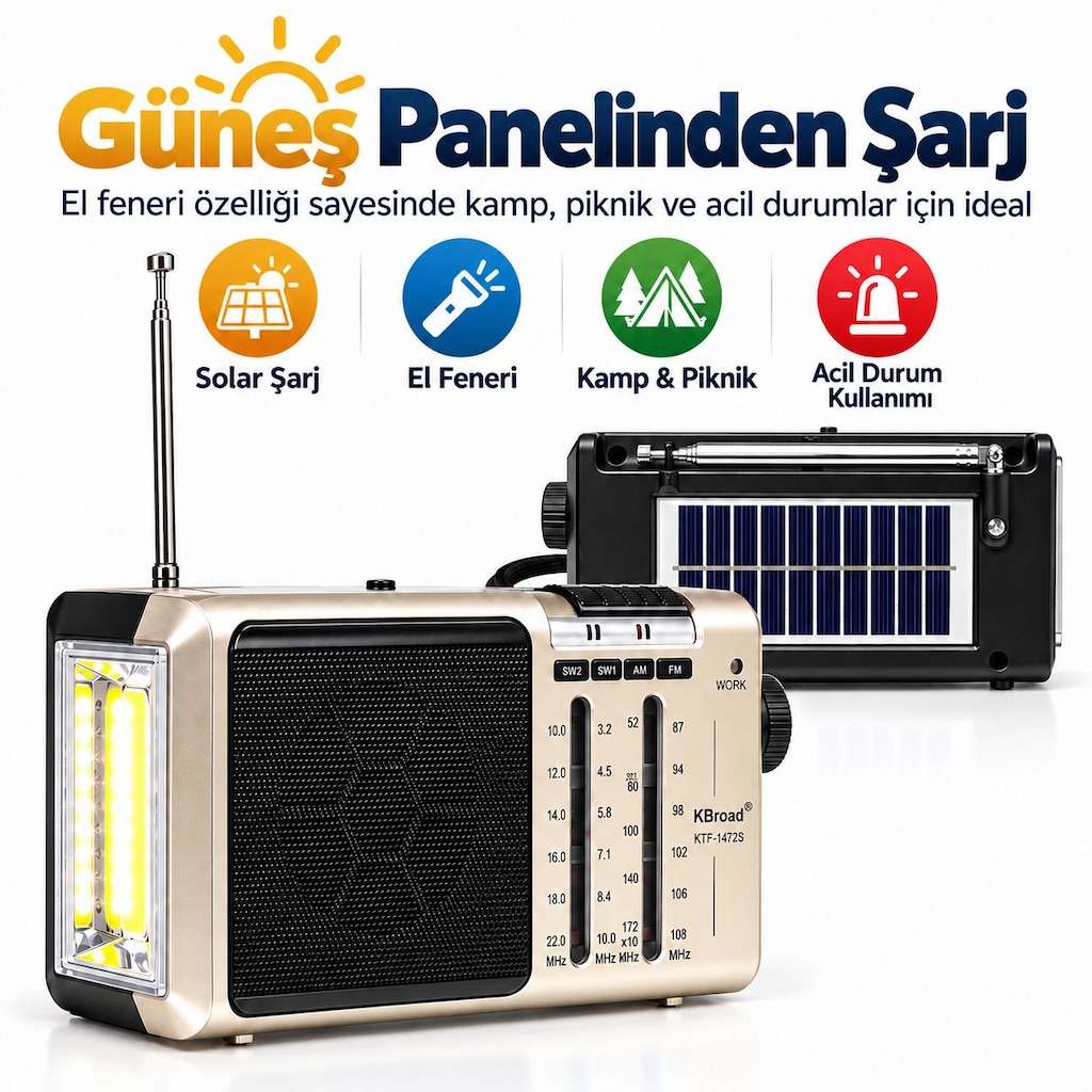 KTF-1472S Solar Şarjlı 4 Band Radyo FM AM SW1 SW2 El Fenerli - 6