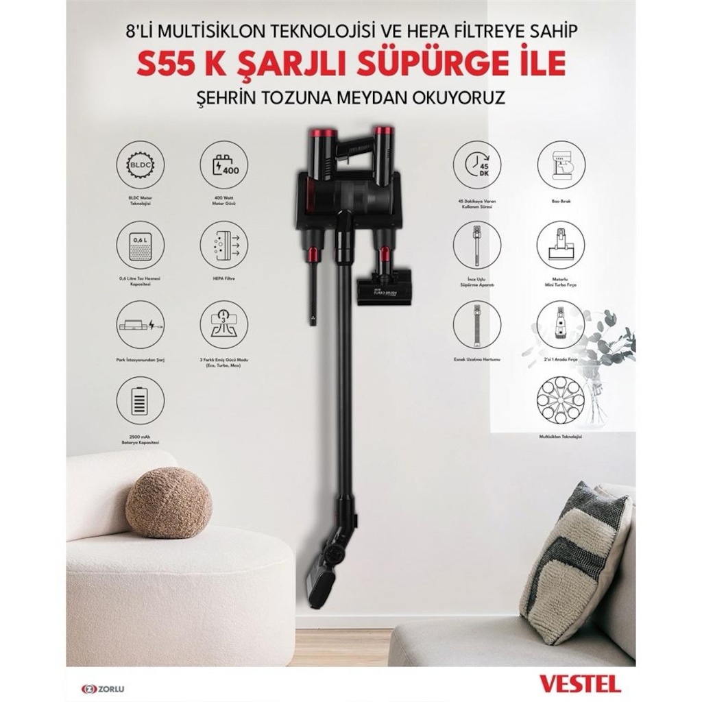 VESTEL S55 K Şarjlı Süpürge - Sıfır Kutu - 3