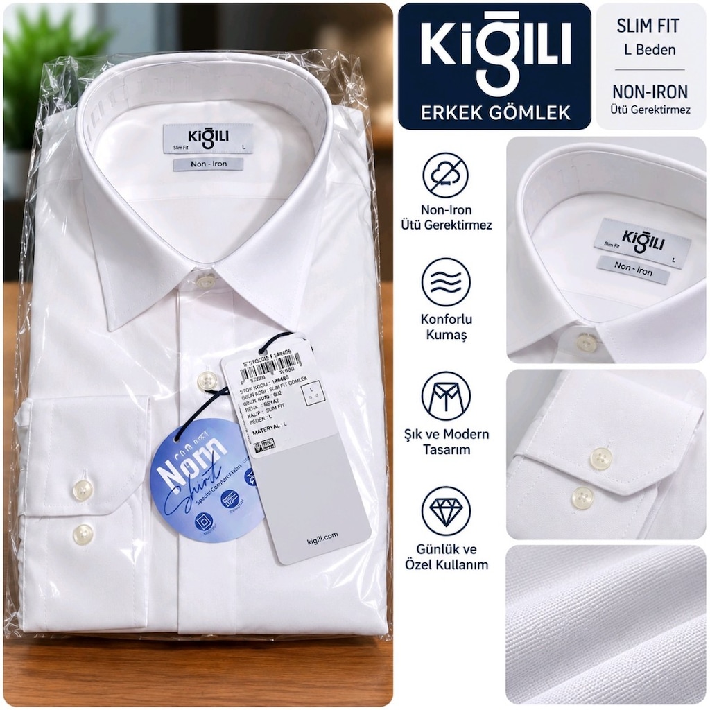 Kiğılı Erkek Beyaz Slim Fit Non-Iron Gömlek