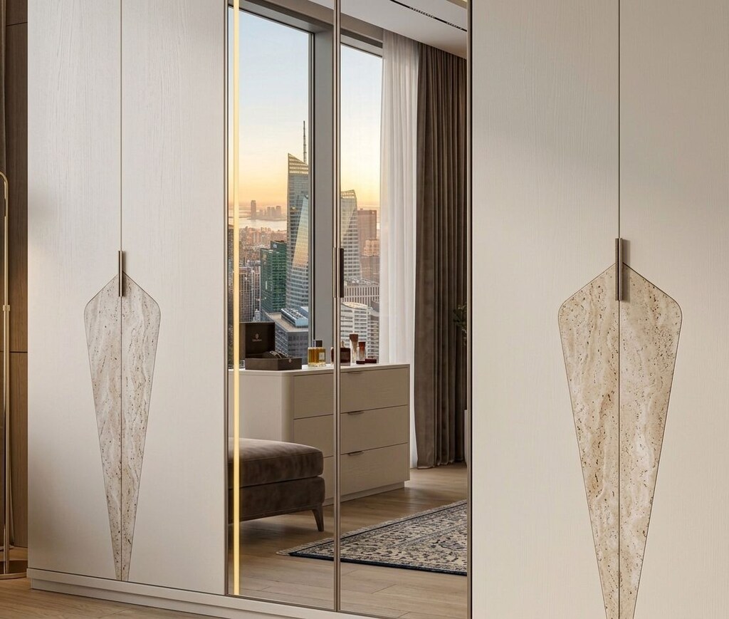 Sıfır,%100 MDF, LED Aydınlatmalı 6 Kapılı Gardırop- kum beji,Traverten - 5