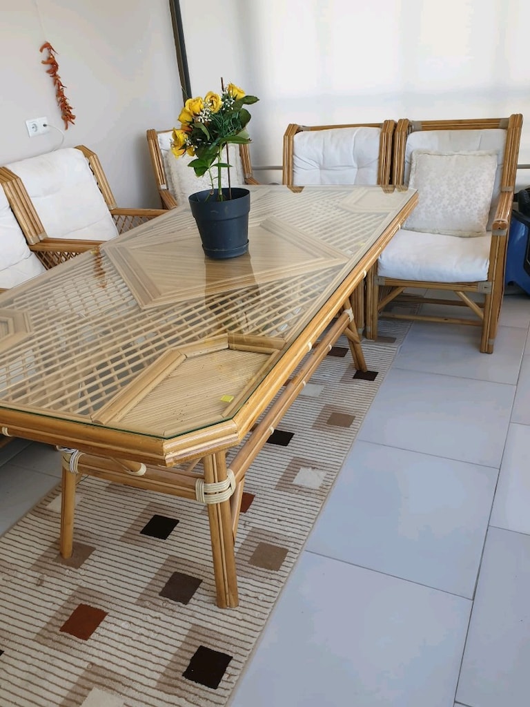 BAMBU CAM BAHÇE BALKON TAKIMI 6 SANDALYE YIKANABİLİR MİNDERLİ