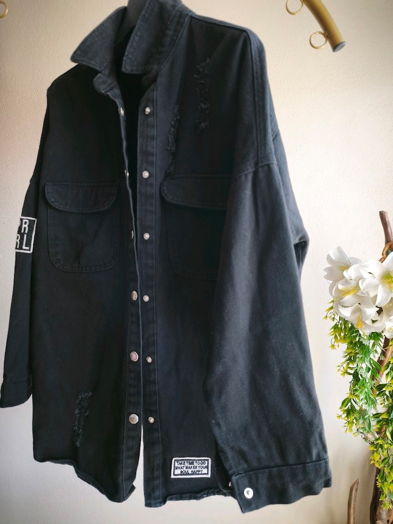 Siyah Yıpratmalı Armalı Denim Ceket Gömlek – L Beden - 7