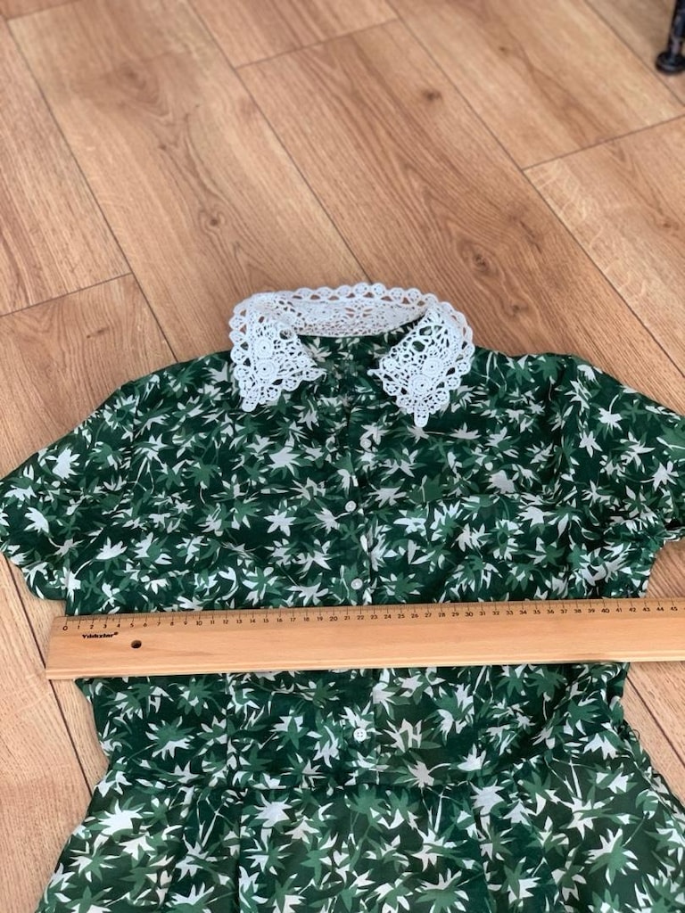 Yeşil Çiçek Desenli, Dantel Yakalı, Mini Elbise - 4