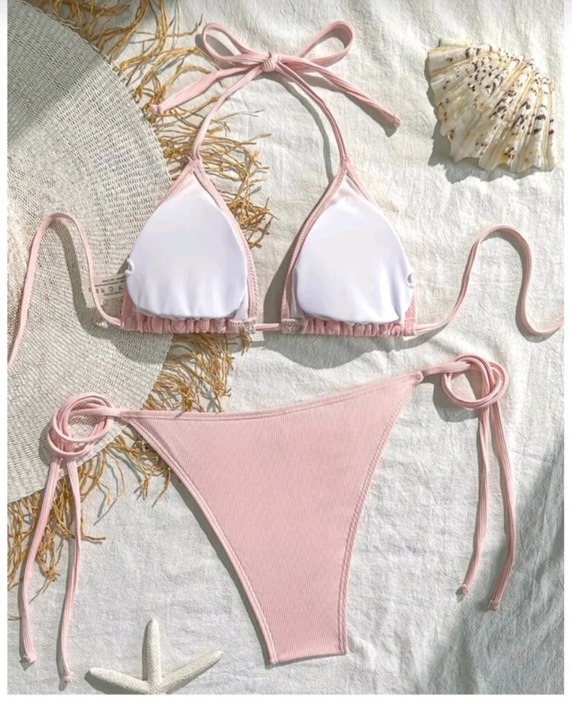 Deniz kabuğu aksesuarlı pudra renk bikini takımı - 4