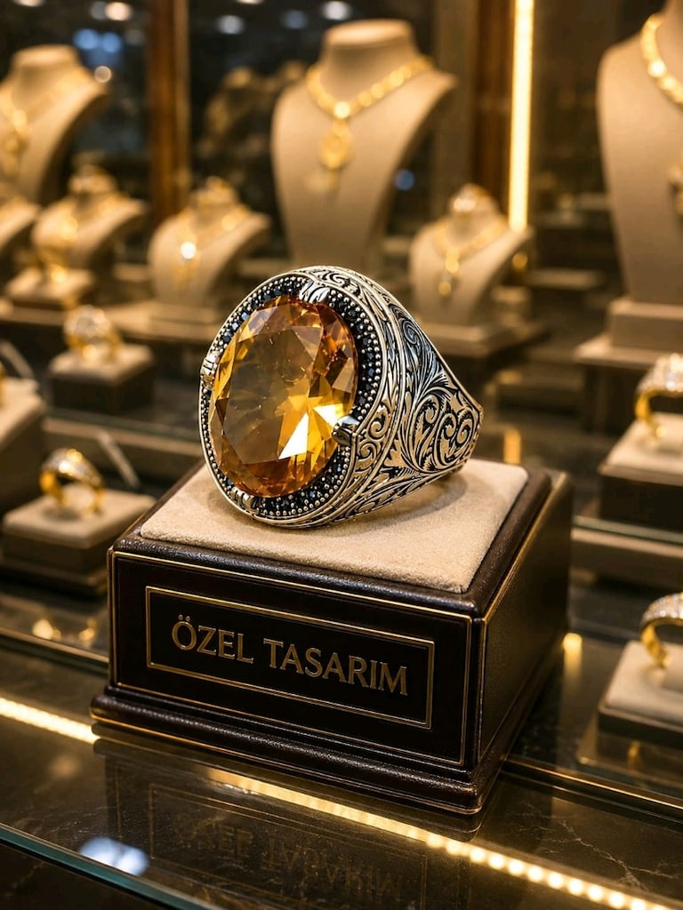 925 Ayar Sitrin Taşlı Gümüş Yüzük - 7