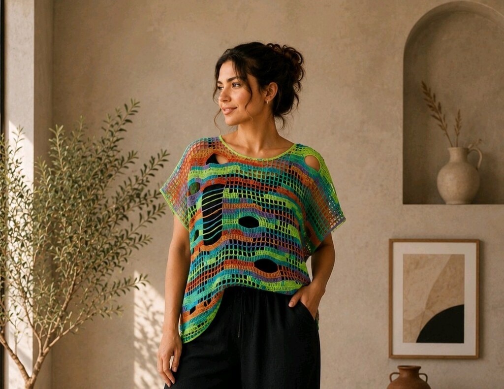 XL-2XL Renkli Bohem Ajurlu Oversize File Örgülü Triko Bluz Panço Kadın - 2