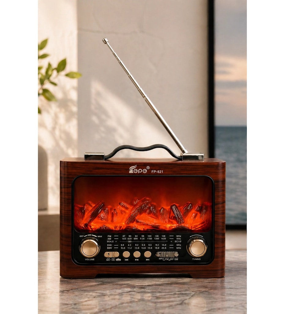 Nostaljik Radyo FP-821 Şömine Efektli Ahşap Görünümlü USB TF - 2