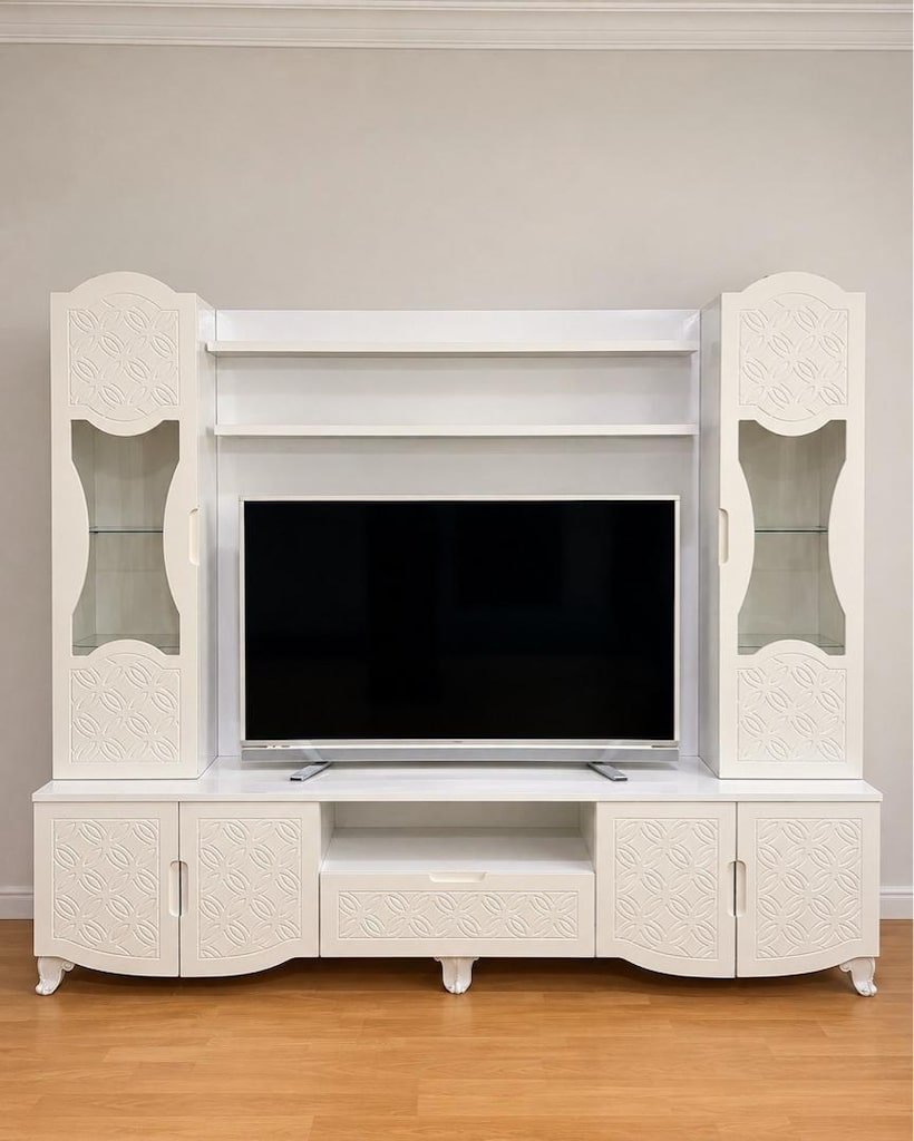 Beyaz Ledli TV Ünitesi – Vitrinli ve Raflı - 3