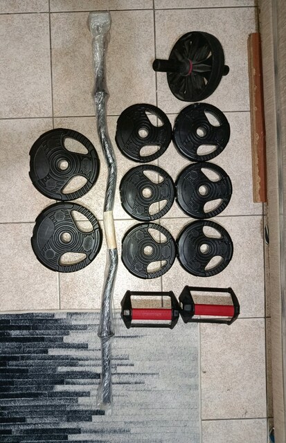 SIFIR ECG Z Bar + 14 KG Plaka + Domyos Şınav Barı + Karın Tekerleği