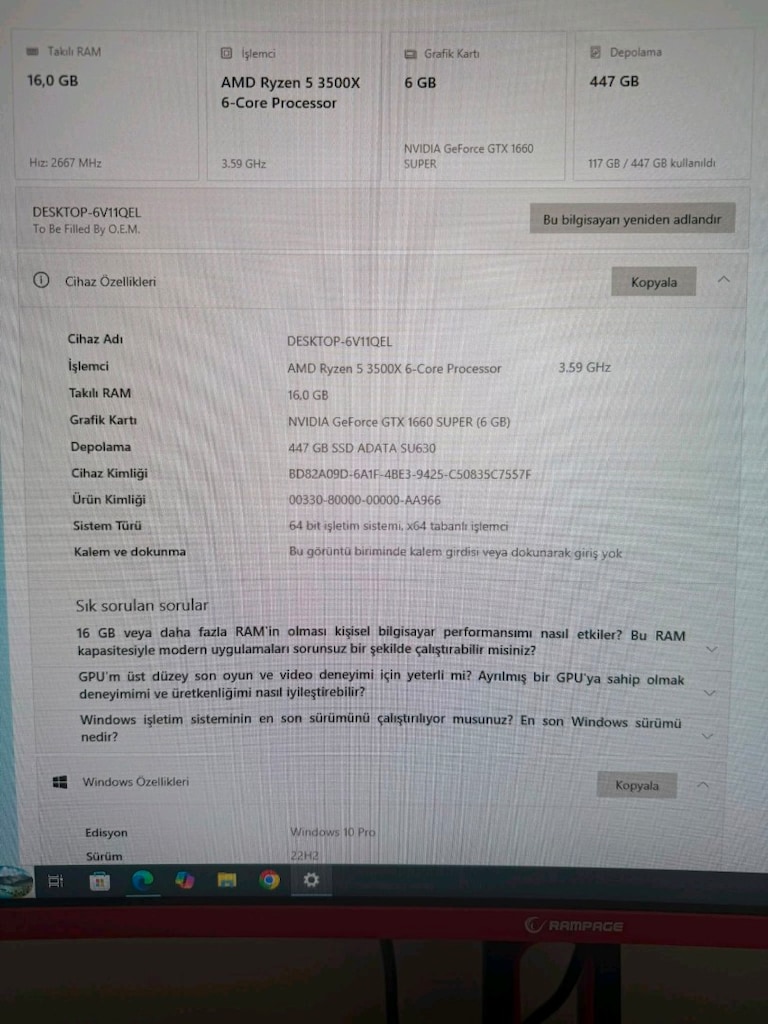 SAHİBİNDEN KOMPLE OYUNCU SETİ - RYZEN 5 3500X / GTX 1660 SUPER / 16GB - 2